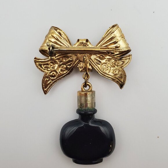 Vintage Ornate Gold Metal Bow w/ Dangling Black Glass Perfume Bottle Brooch Pin - Picture 5 of 6